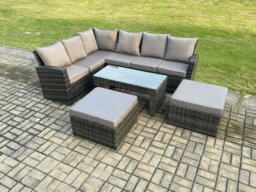 Rackhams Outdoor Furniture Garden Dining Set Rattan Corner Sofa Set with 2 Big Footstool Dark Grey Mixed - thumbnail 1