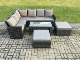 Rackhams Outdoor Furniture Garden Dining Set Rattan Corner Sofa Set with 2 Big Footstool Dark Grey Mixed - thumbnail 2