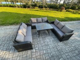 Rackhams 9 Seater Wicker Rattan Garden Furniture Set with Rectangular Dining Table Patio Outdoor Lounge Sofa Set - thumbnail 2