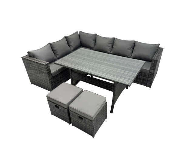 Rackhams Outdoor PE Rattan Sofa Set with Dining Table Patio Garden Furniture Sets with 2 Small Stools Dark Grey Mixed - image 1