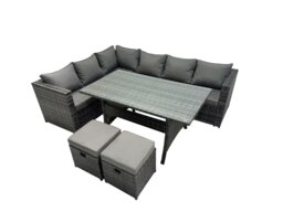 Rackhams Outdoor PE Rattan Sofa Set with Dining Table Patio Garden Furniture Sets with 2 Small Stools Dark Grey Mixed - thumbnail 1