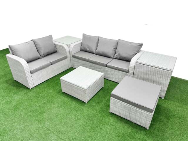 Rackhams 6 Seater Rattan Garden Furniture Patio Conservatory Sofa Set with Square Coffee Table 3 Seater Sofa Love Sofa Big Footstool 2 Side Table - image 1