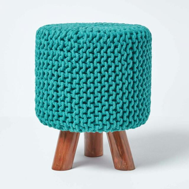 Rackhams Tall Cotton Knitted Footstool on Legs - Teal Green - image 1