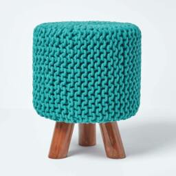 Rackhams Tall Cotton Knitted Footstool on Legs - Teal Green - thumbnail 1