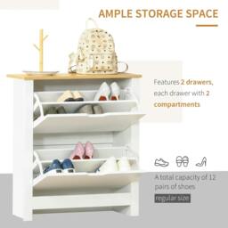 Rackhams Narrow Shoe Cabinet, Space Saving Shoe Storage Cabinet with 2 Flip Drawers and Adjustable Shelves for 6-12 Pairs of Shoes, White - thumbnail 4