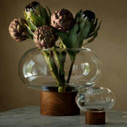 Rackhams LSA Oblate Glass Vase Lantern 28cm with Walnut Base Clear - Glass - 1 - Clear - thumbnail 5