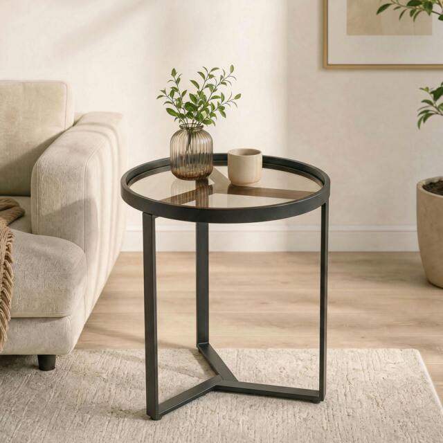 Rackhams Round Side Table with Tempered Glass Top and Metal Frame, Black - image 1