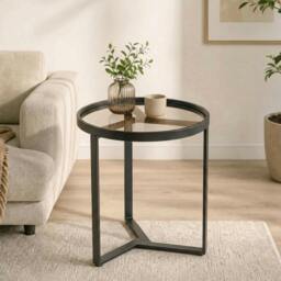 Rackhams Round Side Table with Tempered Glass Top and Metal Frame, Black