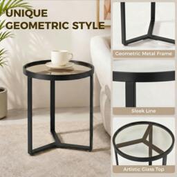Rackhams Round Side Table with Tempered Glass Top and Metal Frame, Black - thumbnail 4