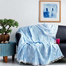 Rackhams Gusto Cotton Jacquard Blanket - Blue on White - thumbnail 1