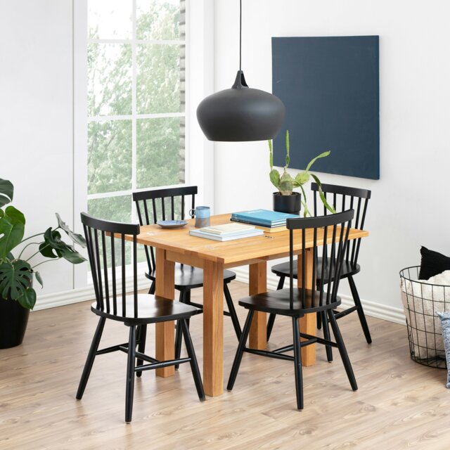 Rackhams Kenley Extending Dining Table in Oak 45-90cm Included 4 Riano Dining Chairs in Black - Black - No - Brown - image 1