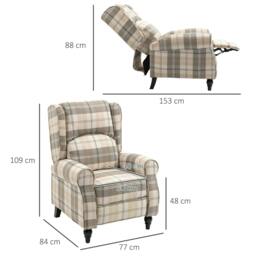 Rackhams Wingback Recliner Armchair for Living Room, Pushback Reclining Chair with Round Armrests, Footrest and Rubber Wood Legs, Khaki - thumbnail 3