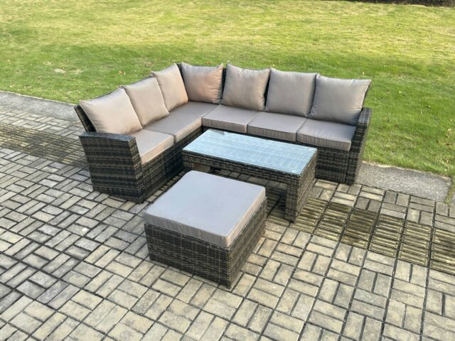 Rackhams 7 Seat Rattan Garden Furniture Corner Sofa Set Outdoor Patio Sofa Table Set with Big Footstool Dark Grey Mixed - image 1