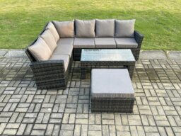 Rackhams 7 Seat Rattan Garden Furniture Corner Sofa Set Outdoor Patio Sofa Table Set with Big Footstool Dark Grey Mixed - thumbnail 2