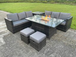 Rackhams Rattan Garden Furniture Set with Gas Fire Pit Dining Table, 2 Sofas, 1 Corner Table, 2 Footstools - 8 Seater - Dark Grey - thumbnail 1