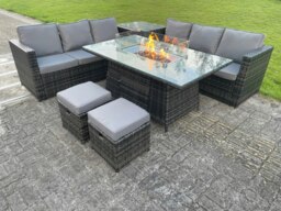 Rackhams Rattan Garden Furniture Set with Gas Fire Pit Dining Table, 2 Sofas, 1 Corner Table, 2 Footstools - 8 Seater - Dark Grey - thumbnail 4