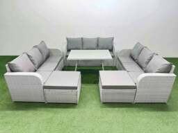 Rackhams 11 Seat Outdoor PE Rattan Garden Furniture with Cushions 3 Seater Sofa 2 Big Stools Light Grey
