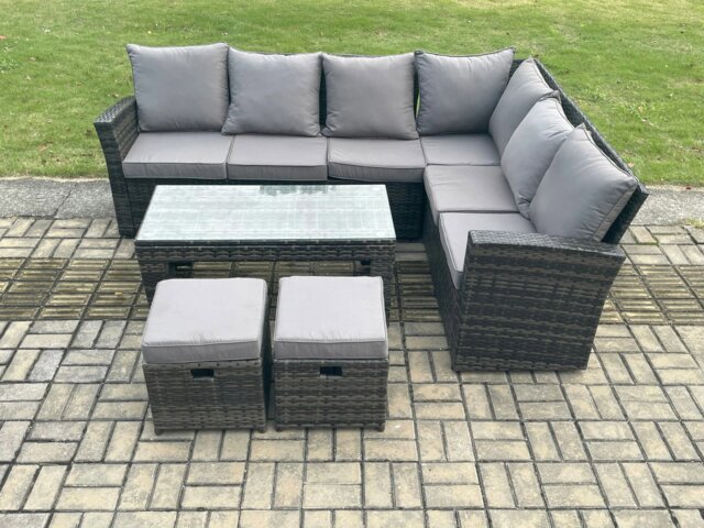 Rackhams 8 Seat Rattan Garden Furniture Corner Sofa Set Outdoor Patio Sofa Table Set with 2 Small Footstools Dark Grey Mixed - image 1