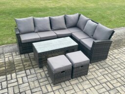 Rackhams 8 Seat Rattan Garden Furniture Corner Sofa Set Outdoor Patio Sofa Table Set with 2 Small Footstools Dark Grey Mixed - thumbnail 2