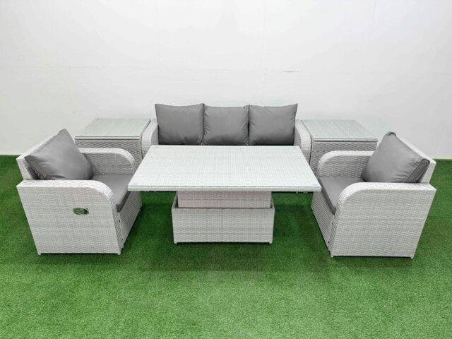 Rackhams PE Rattan Garden Furniture Set Reclining Chair Sofa Lounge Sofa Set Adjustable Lifting Dining or Coffee Table 2 Side Table Light Grey - image 1