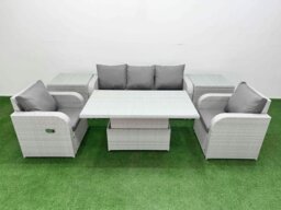 Rackhams PE Rattan Garden Furniture Set Reclining Chair Sofa Lounge Sofa Set Adjustable Lifting Dining or Coffee Table 2 Side Table Light Grey - thumbnail 1