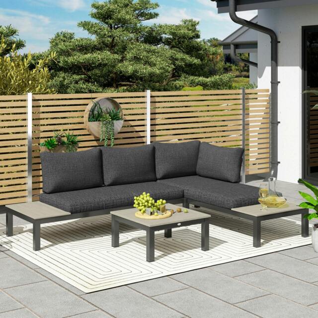 Rackhams 3pcs Garden Sectional Sofa Side Table Furniture Set w/ Cushion - Dark Grey - Aluminium, Polyester Fabric - 164cmx74cmx69cm