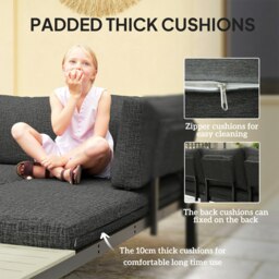 Rackhams 3pcs Garden Sectional Sofa Side Table Furniture Set w/ Cushion - Dark Grey - Aluminium, Polyester Fabric - 164cmx74cmx69cm - thumbnail 5