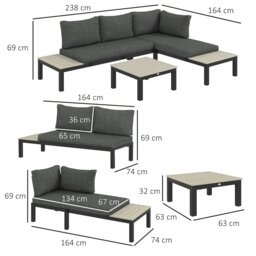 Rackhams 3pcs Garden Sectional Sofa Side Table Furniture Set w/ Cushion - Dark Grey - Aluminium, Polyester Fabric - 164cmx74cmx69cm - thumbnail 6