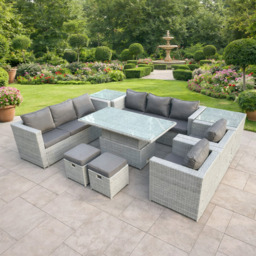 Rackhams Rattan Garden Furniture Set with Adjustable Rising Table, 2 Sofas, 2 Chairs, 2 Side Tables & 2 Stools - 10 Seater- Light Grey
