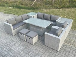 Rackhams Rattan Garden Furniture Set with Adjustable Rising Table, 2 Sofas, 2 Chairs, 2 Side Tables & 2 Stools - 10 Seater- Light Grey - thumbnail 2