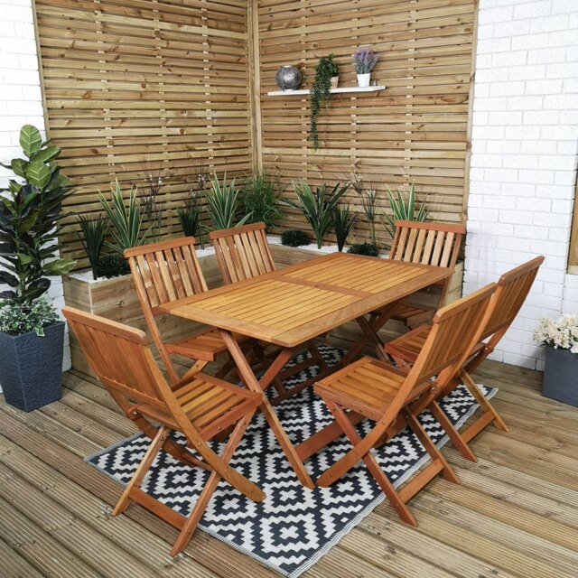 Rackhams Outdoor 6 Person Folding Rectangular Wooden Garden Patio Dining Table Chairs Set - Outdoor Furniture Sets - image 1