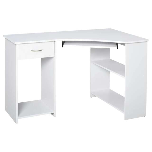 Rackhams L-Shaped Corner Computer Desk w/ 2 Shelves Wide Worktop Keyboard Tray Drawer & CPU Stand Home Office Study Bedroom Furniture White - image 1