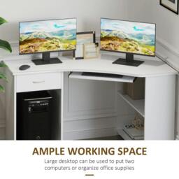 Rackhams L-Shaped Corner Computer Desk w/ 2 Shelves Wide Worktop Keyboard Tray Drawer & CPU Stand Home Office Study Bedroom Furniture White - thumbnail 6