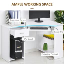 Rackhams L-Shaped Corner Computer Desk w/ 2 Shelves Wide Worktop Keyboard Tray Drawer & CPU Stand Home Office Study Bedroom Furniture White - thumbnail 5