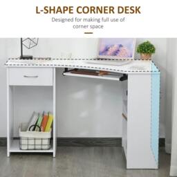 Rackhams L-Shaped Corner Computer Desk w/ 2 Shelves Wide Worktop Keyboard Tray Drawer & CPU Stand Home Office Study Bedroom Furniture White - thumbnail 4