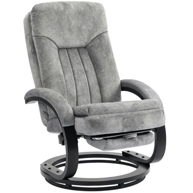 Rackhams Swivel Recliner Chair with Footrest, Manual Recliner Armchair with Wooden Base, Plush Velvet Upholstered Reclining Chair, Grey
