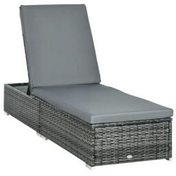 Rackhams PE Rattan Sun Lounger, Five-level Adjustable Recliner Bed Chair with Soft Padded Cushion for Patio, Garden, Mixed Grey - thumbnail 1