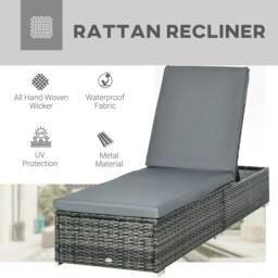Rackhams PE Rattan Sun Lounger, Five-level Adjustable Recliner Bed Chair with Soft Padded Cushion for Patio, Garden, Mixed Grey - thumbnail 4