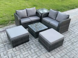 Rackhams 6-Seater Dark Grey Rattan High Back Lounge Set - Outdoor/Indoor Sofa, Square Coffee Table, 2 Large Footstools, Loveseat - thumbnail 1