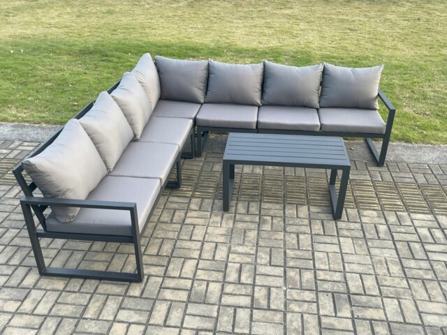 Rackhams Aluminium Patio Outdoor Garden Furniture Lounge Corner Sofa Set with Oblong Coffee Table Dark Grey