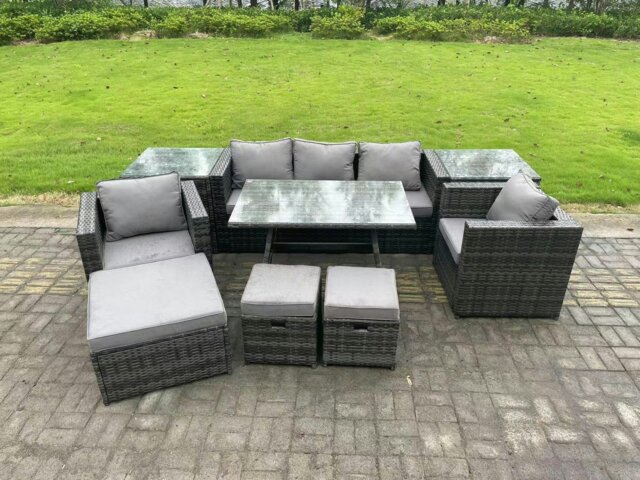 Rackhams 8 Seater Rattan Outdoor Furniture Sofa Garden Dining Set with Dining Table 2 Armchairs 2 Side Tables 3 Stools Dark Grey Mixed - image 1