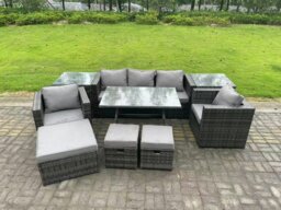 Rackhams 8 Seater Rattan Outdoor Furniture Sofa Garden Dining Set with Dining Table 2 Armchairs 2 Side Tables 3 Stools Dark Grey Mixed - thumbnail 2