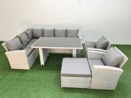 Rackhams 9 Seater Wicker Rattan Corner Sofa Sets Outdoor Garden Furniture Sets with Rectangular Dining Table Lounge Sofa Big Footstool Light Grey - thumbnail 2