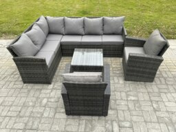 Rackhams 8 Seater Outdoor Garden Furniture Set Wicker PE Rattan Corner Sofa Set with Square Coffee Table 2 Armchairs Dark Grey Mixed - thumbnail 2
