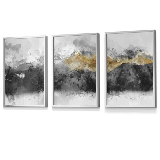 Rackhams Set of 3 Abstract Mountains Black & Grey Framed Wall Art - 42x59cm (A2) - Silver - image 1