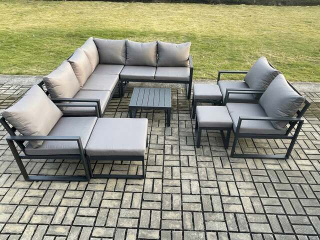 Rackhams 11 Seater Outdoor Aluminium Garden Furniture Set Corner Lounge Sofa Set with Square Coffee Table Chair 3 Footstools Dark Grey