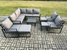 Rackhams 11 Seater Outdoor Aluminium Garden Furniture Set Corner Lounge Sofa Set with Square Coffee Table Chair 3 Footstools Dark Grey - thumbnail 1