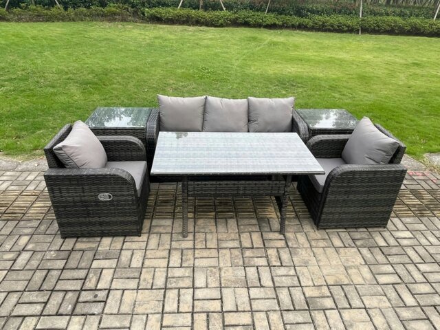 Rackhams Wicker PE Rattan Garden Furniture Set Outdoor Rectangular Dining Table and Chair Sofa Set With 2 PC Side Table Dark Grey Mixed - image 1