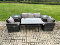 Rackhams Wicker PE Rattan Garden Furniture Set Outdoor Rectangular Dining Table and Chair Sofa Set With 2 PC Side Table Dark Grey Mixed - thumbnail 1