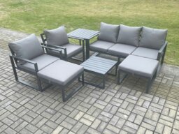 Rackhams Aluminium Outdoor Lounge Sofa Set Garden Furniture Sets with Square Coffee Table 2 Chairs 2 Big Footstools Side Table Dark Grey 7 Seater - thumbnail 1